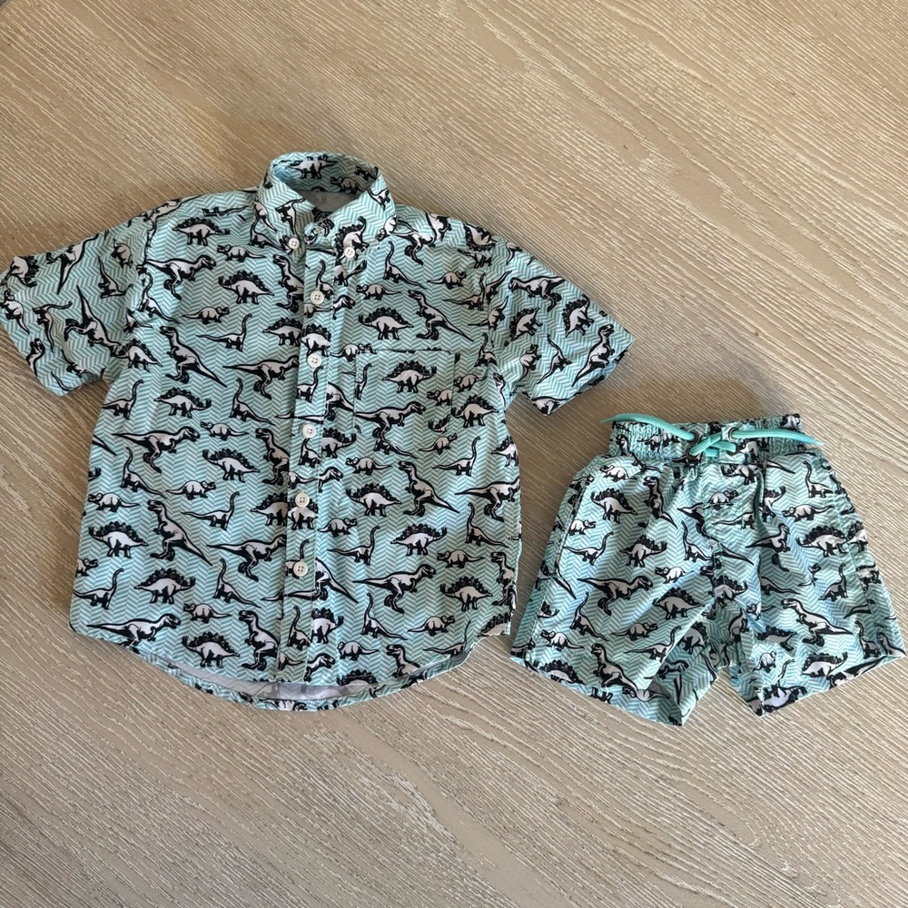 Beach Bros kids chevron dino button down shirt and short coverup 2T